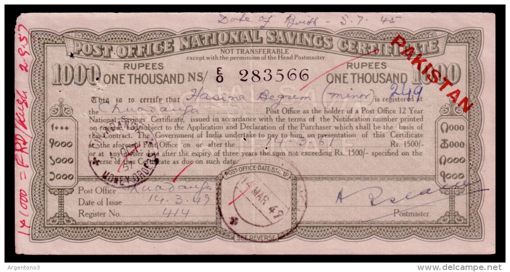 India Pakistan Post Office National Savings Certificate 1000 Rupees 1943 - India