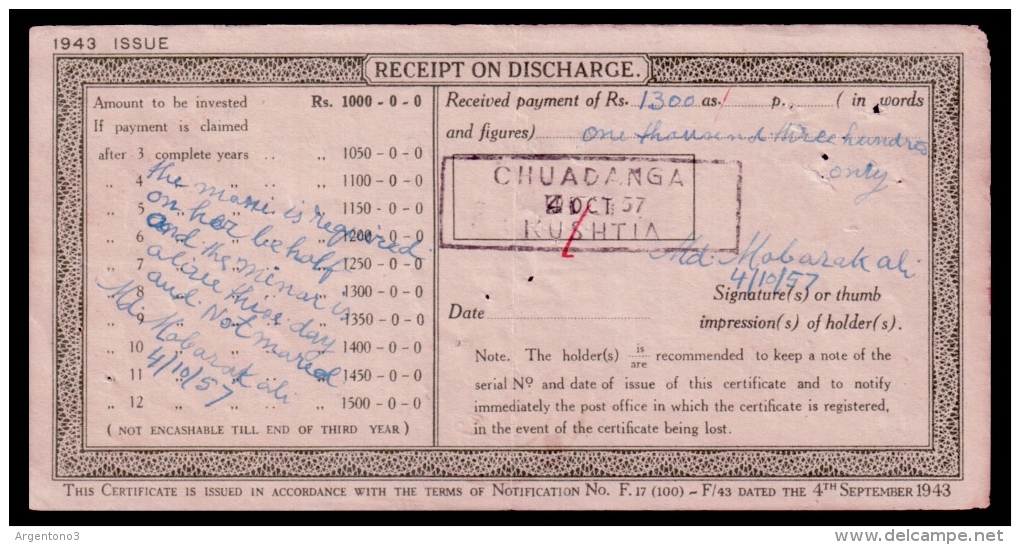 India Pakistan Post Office National Savings Certificate 1000 Rupees 1943 - India