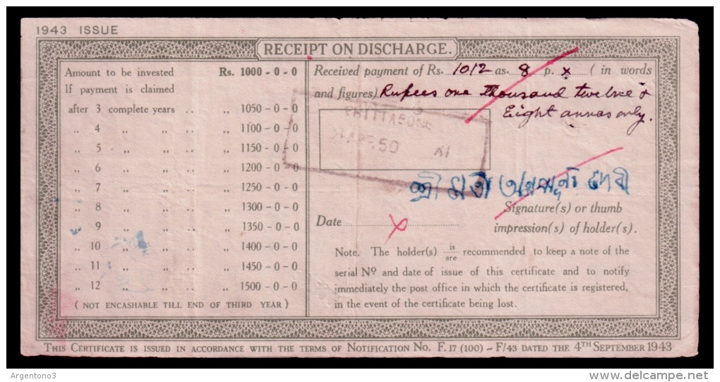 India Pakistan Post Office National Savings Certificate 1000 Rupees 1943 - India
