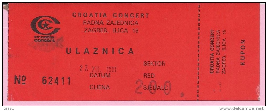 Concert Ticket - Croatia Concert, Zagreb, 27.12.1981., Yugoslavia - Konzertkarten