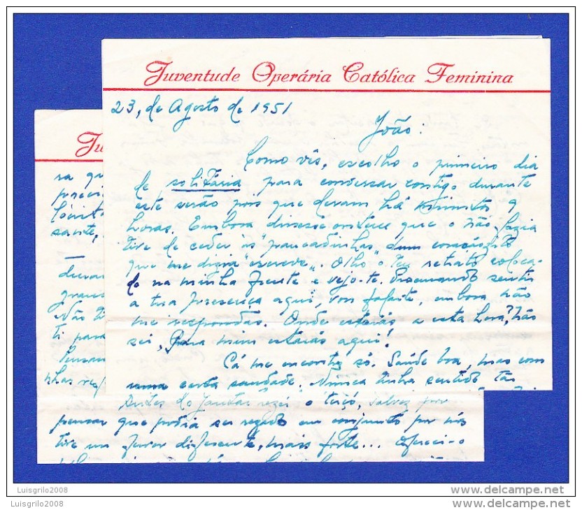 LETTRE --  JUVENTUDE OPERÁRIA CATÓLICA FEMININA - 23 DE AGOSTO DE 1951 .. PORTUGAL - Documents Historiques