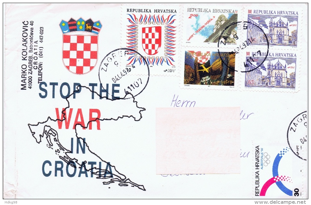 HR+ Kroatien 1991 1992 Mi 180 181 186 188 189 Verschiedene Marken Auf Brief "Stop The War In Croatia" - Croatia