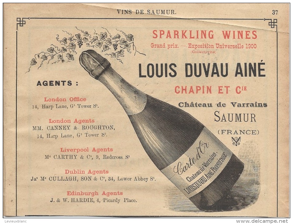 Vins / SAUMUR/Encart Publicitaire/Louis Duvau Ainé/ Chateau De Varrains/Saumur/Annuaire Didot-Bottin/1905     ILL45 - Alimentare