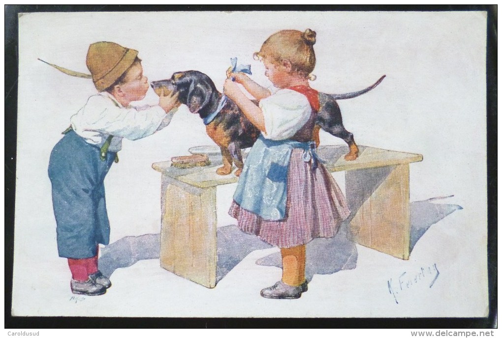 CP Litho  Illustrateur FEIERTAG B.K.W.I. BKWI 946 ENFANT Fille Garcon Toilette Chien Teckel Basset Voyagé 1924 - Feiertag, Karl