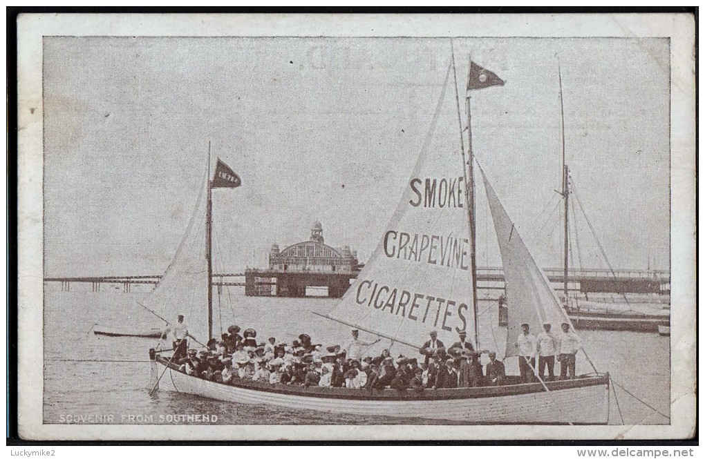 "Southend Holiday Sailing Boat"  Posted 1908.  'Grapevine' Cigarette Advert On The Sail. - Sailing Vessels