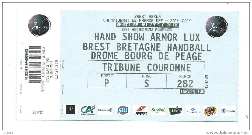 38 NC - Ticket HANDBALL - D2F -2014--2015 - BREST BRETAGNE HAND BALL  DROME -  02-05-2015 - Handbal