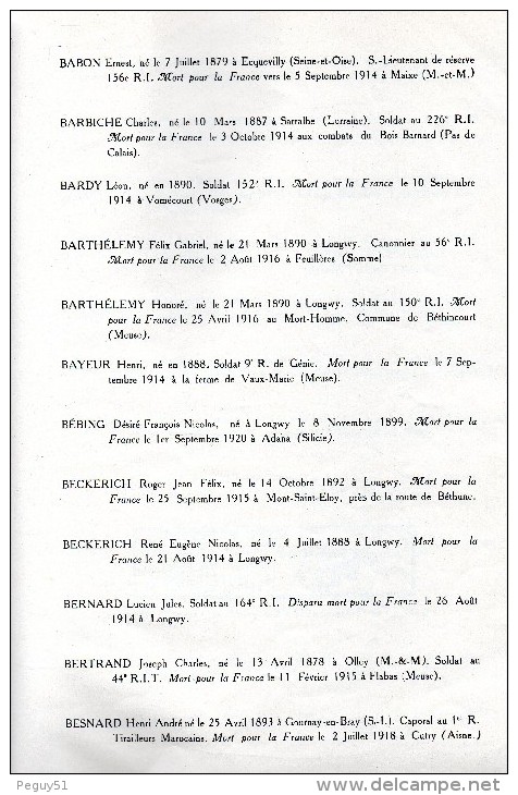 Longwy à ses Morts. 10 Septembre  1933. Imprimerie Nouvelle, Longwy-Bas 1933