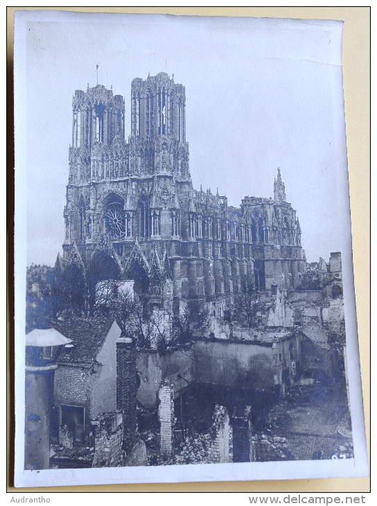 Grande Photo Ruines Cathédrale REIMS Guerre WWI Cliché G. VERNEAU - Guerra, Militari