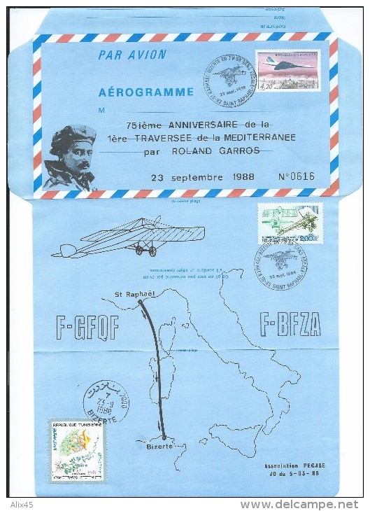 75ème ANNIVERSAIRE DE LA 1ère TRAVERSÉE DE LA MÉDITERRANÉENNE PAR  ROLAND GARROS N°2544 - Aérogrammes