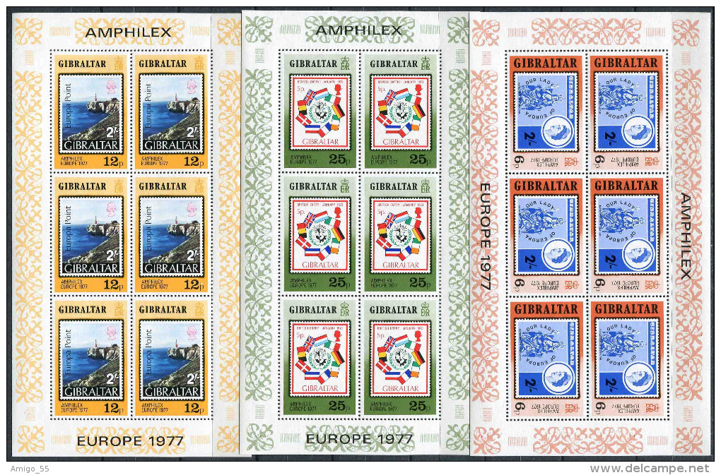 GIBRALTAR 1977, Queen Elizabeth II, Amphilex '77 International Philatelic Exhibition, Full Set In Sheets, MNH ** - Gibraltar