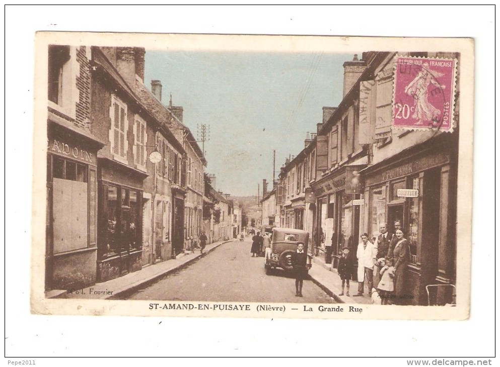 CPA 58 SAINT AMAND EN PUISAYE Grande Rue Animation Voiture Années 1920/30 Magasins Colorisée - Saint-Amand-en-Puisaye