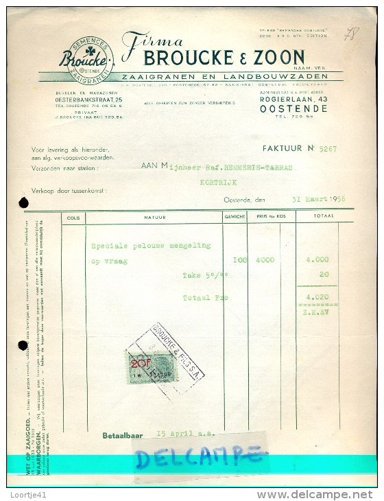 Factuur Facture - Zaaigranen Broucke & Zoon - Oostende 1956 - Sonstige & Ohne Zuordnung