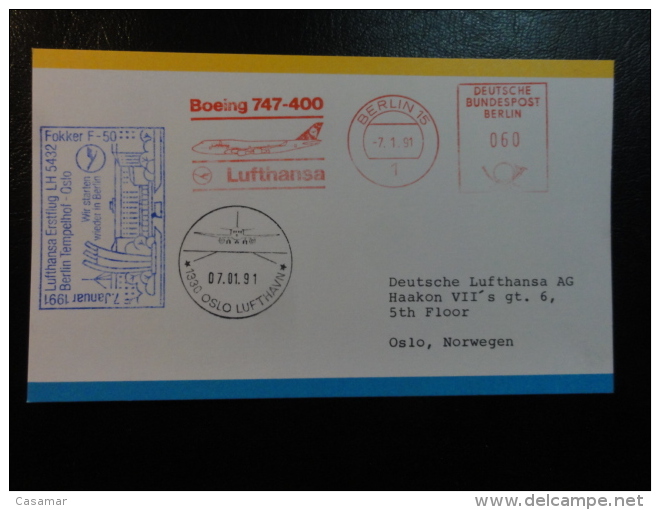 First Flight Erstflug Lufthansa BERLIN OSLO Fokker F-50 1991 Norway - Briefe U. Dokumente