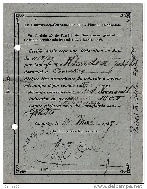 14 Mai 1927 - CONAKRY (Guinée Française) - CARTE GRISE : FORD Verneuil - 14 Cv - Documents Historiques