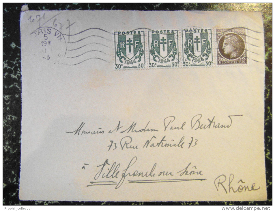 1945 Lettre (devant) Affranchissement à 2F10 Avec Chaine Brisée N° 671 En BANDE DE 3 + Mazelin 677 Omec Paris - 1921-1960: Modern Period