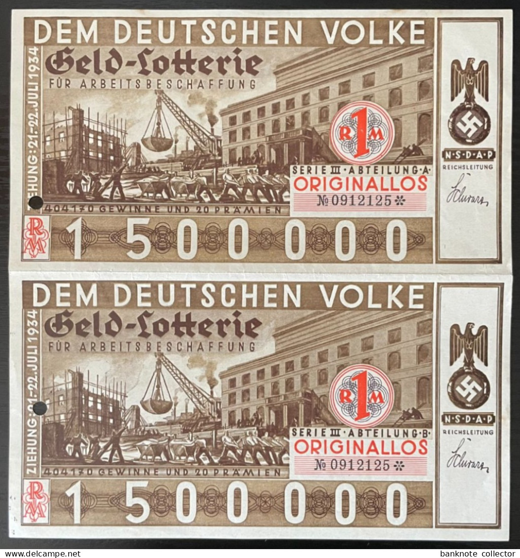 Deutschland, Germany - 2 X " DEM DEUTSCHEN VOLKE ", GELDLOTTERIE, FOTO & DOKUMENT Der NSDAP, 1934 ! - Sonstige & Ohne Zuordnung