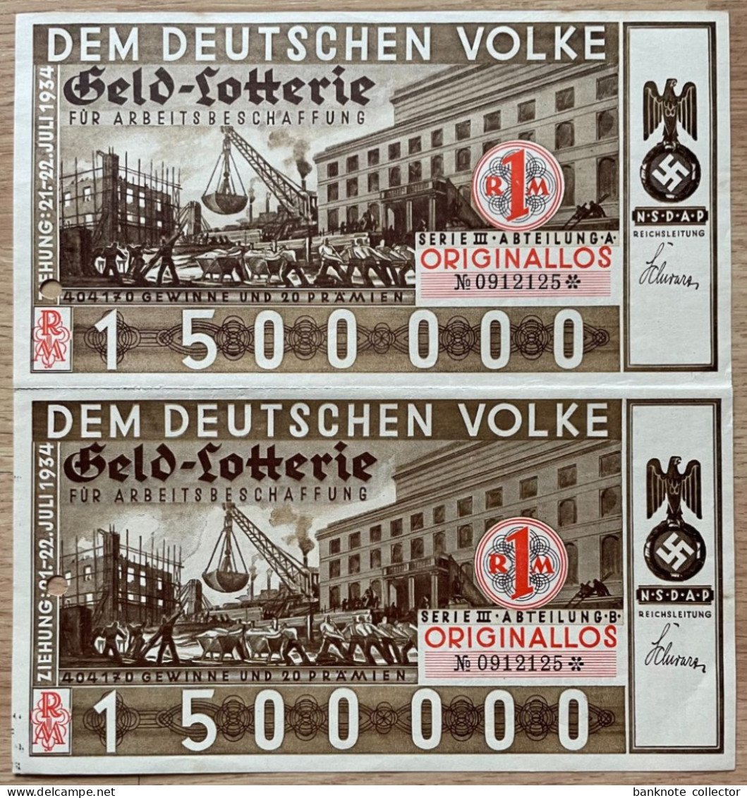 Deutschland, Germany - 2 X " DEM DEUTSCHEN VOLKE ", GELDLOTTERIE, FOTO & DOKUMENT Der NSDAP, 1934 ! - Sonstige & Ohne Zuordnung