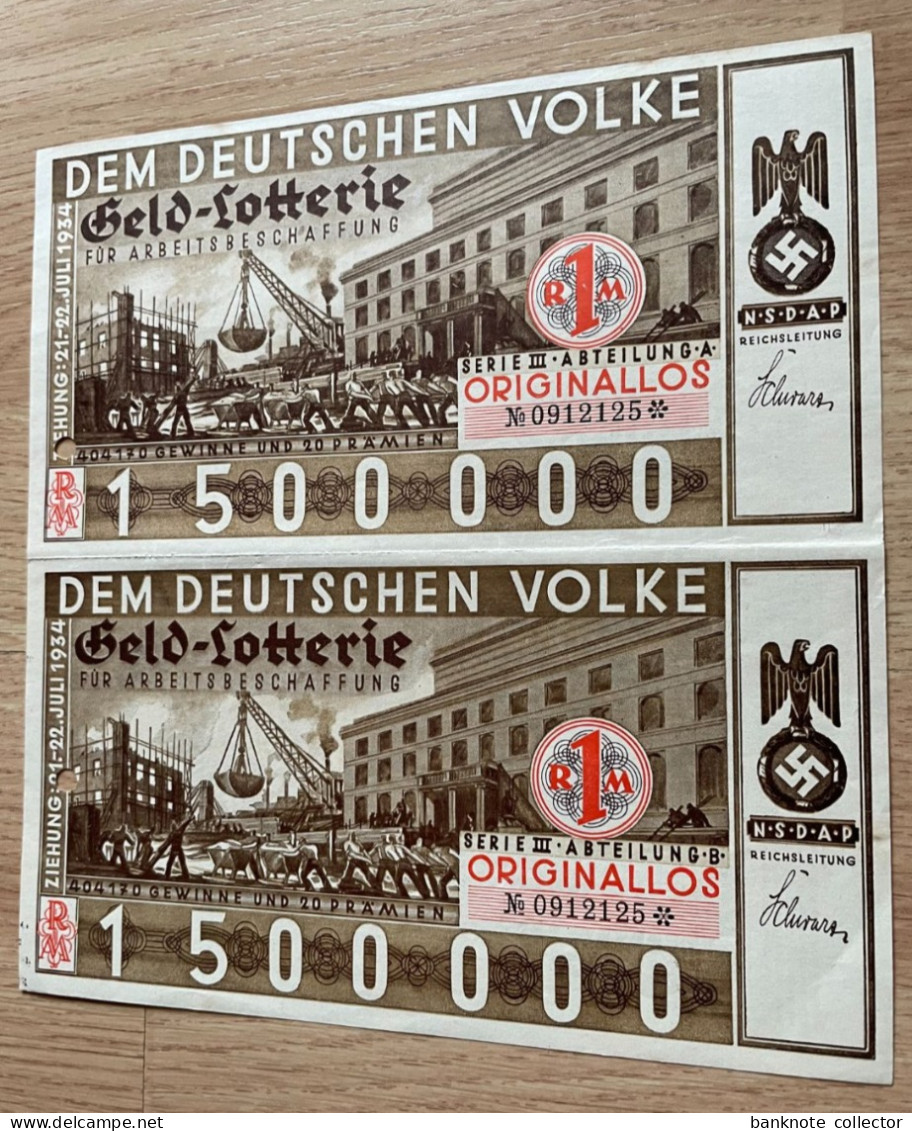 Deutschland, Germany - 2 X " DEM DEUTSCHEN VOLKE ", GELDLOTTERIE, FOTO & DOKUMENT Der NSDAP, 1934 ! - Sonstige & Ohne Zuordnung