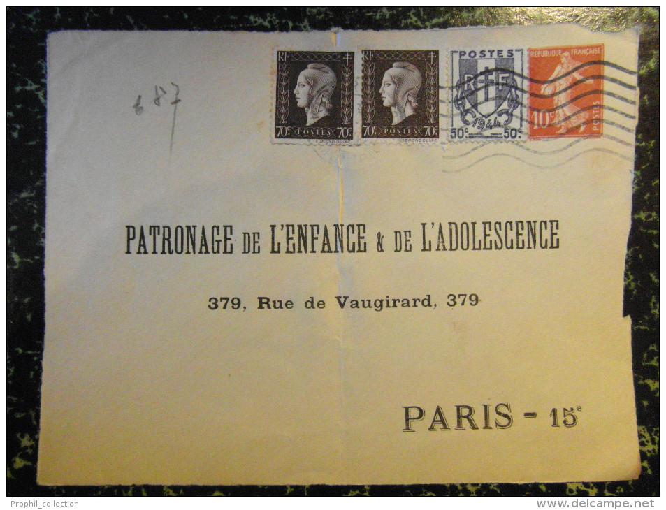 1945 Lettre (devant) ENTIER POSTAL Du PATRONAGE De L'ENFANCE Et De L'ADOLESCENCE Semeuse 10c + Dulac + Chaine Brisée - Sobres Transplantados (antes 1995)