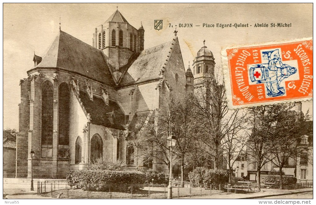DIJON Côte D'Or Vignette Orange Secours Aux Blessés 1914/15 Office Central Dijon Croix Rouge Sur Cpa Dijon 3.1.1916 .. G - Rotes Kreuz