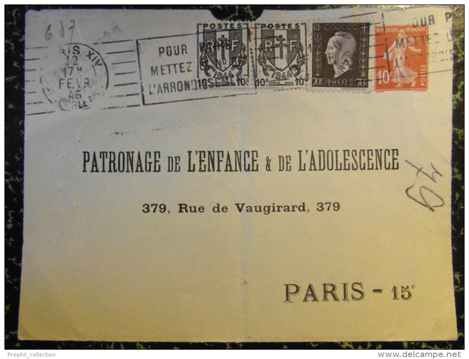 1945 Lettre (devant) ENTIER POSTAL Du PATRONAGE De L´ENFANCE Et De L´ADOLESCENCE Semeuse 10c + Dulac + Chaine Brisée - Overprinted Covers (before 1995)