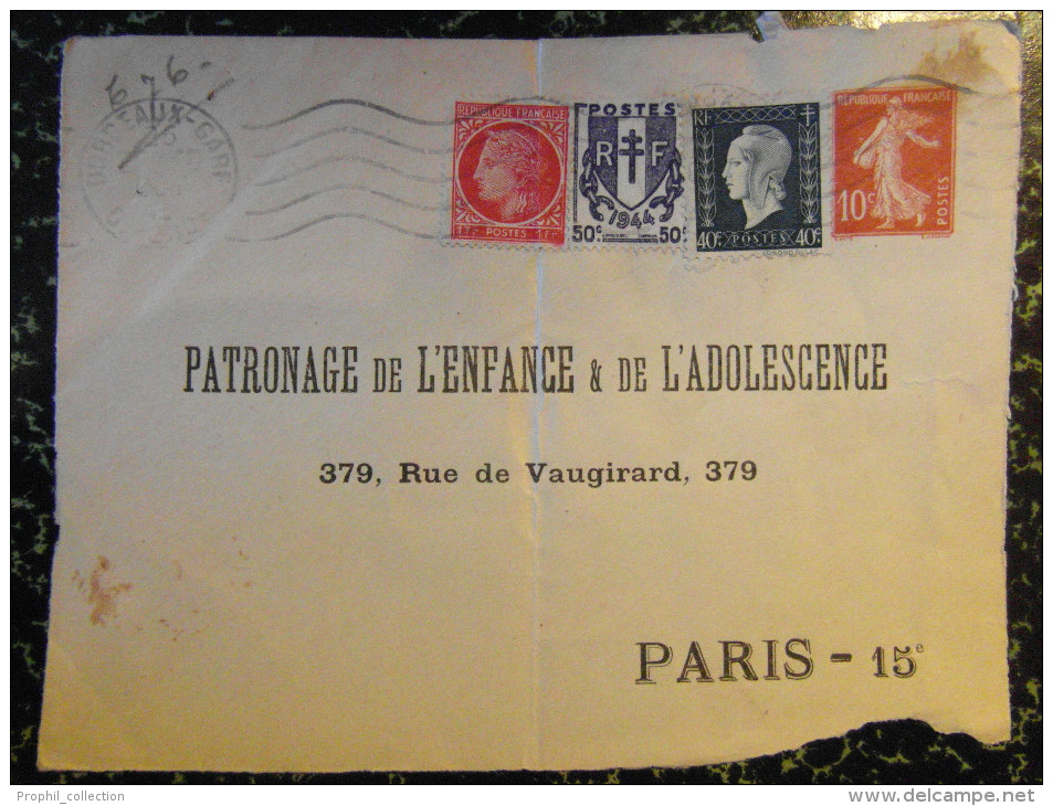 1945 Lettre (devant) ENTIER POSTAL : PATRONAGE De L´ENFANCE Et ADOLESCENCE Semeuse 10c + Dulac + Chaine Brisée + Mazelin - Enveloppes Repiquages (avant 1995)