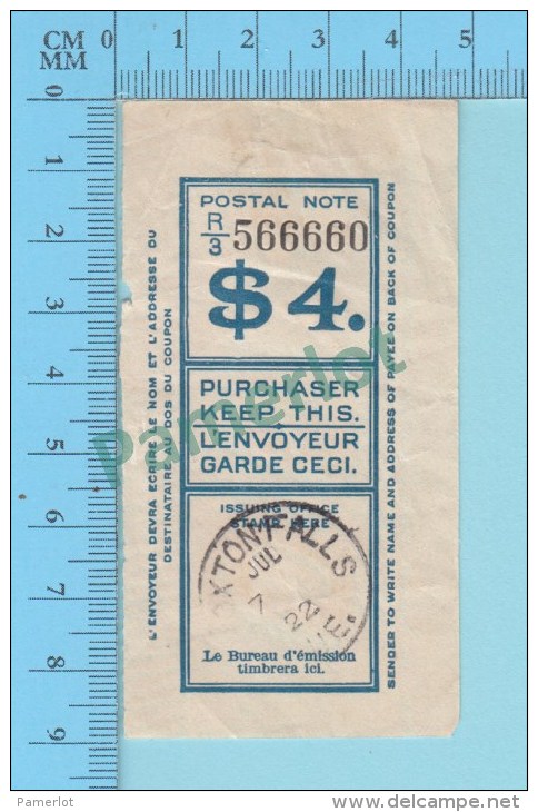 Marcophilie1922 Postal Note ( $4.00  Recu De Poste , Timbre De Roxtonfalls  Quebec Canada ) - Canada