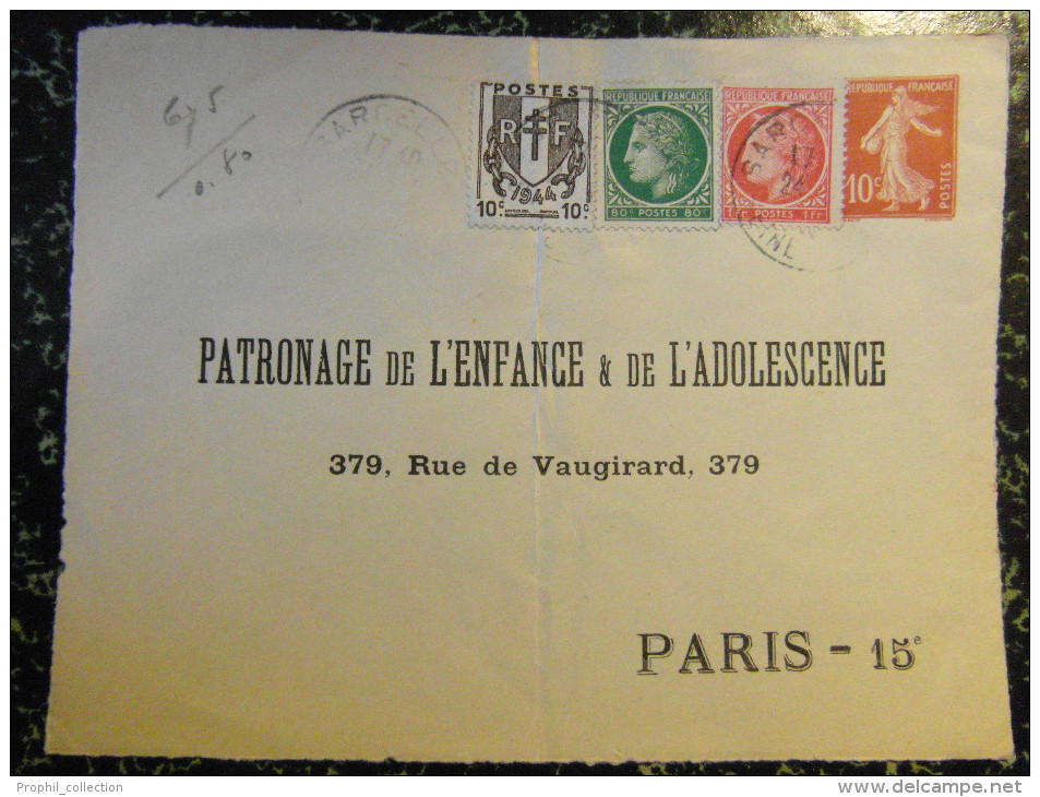 1945 Lettre (devant) ENTIER POSTAL : PATRONAGE De L´ENFANCE Et ADOLESCENCE Semeuse 10c + Chaine Brisée + Mazelin - Overprinted Covers (before 1995)