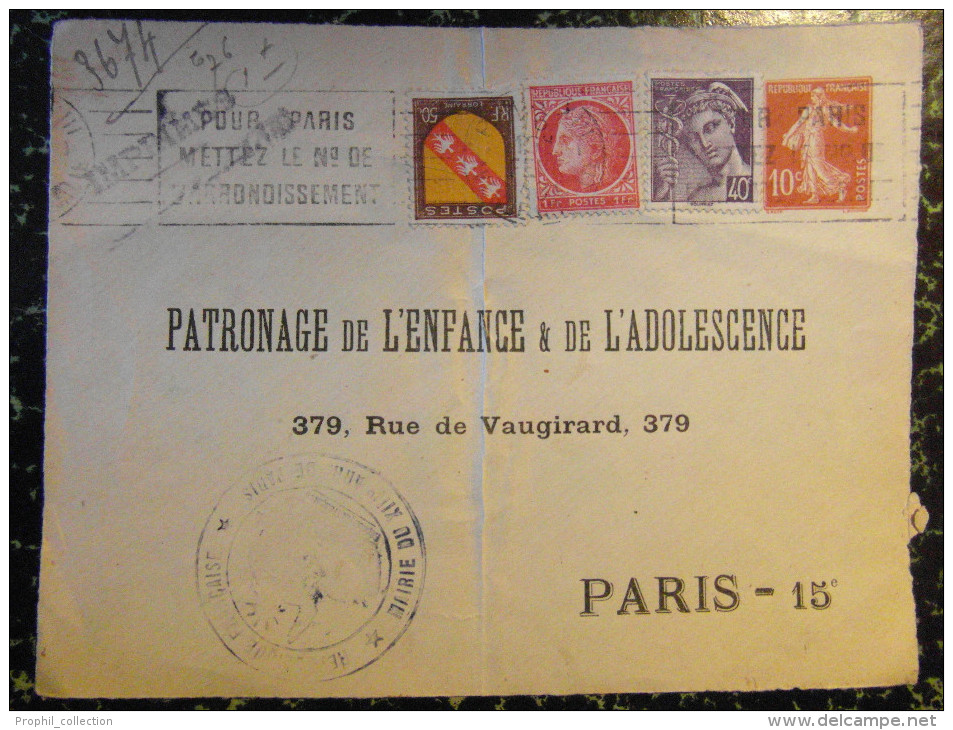 1945 Lettre (devant) ENTIER POSTAL : PATRONAGE De L´ENFANCE Et ADOLESCENCE Semeuse 10c + Mazelin + Mercure + Lorraine - Buste Ristampe (ante 1955)