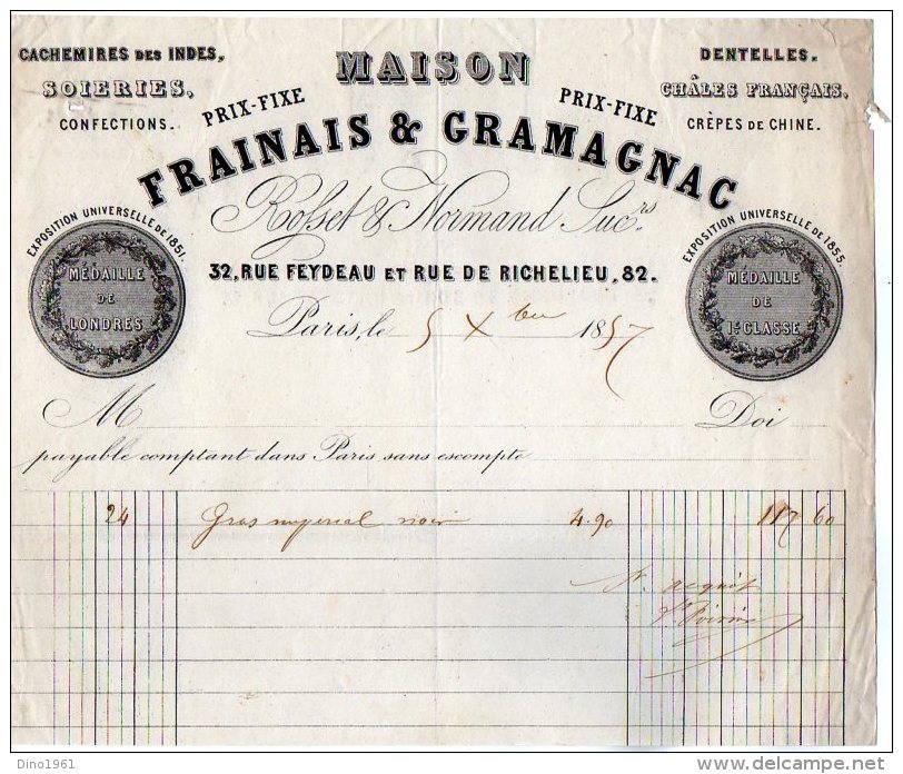 VP3231 - Facture - Maison FRAINAIS & GRAMAGNAC Fabrique De Dentelles à PARIS Rue Feydeau - 1800 – 1899