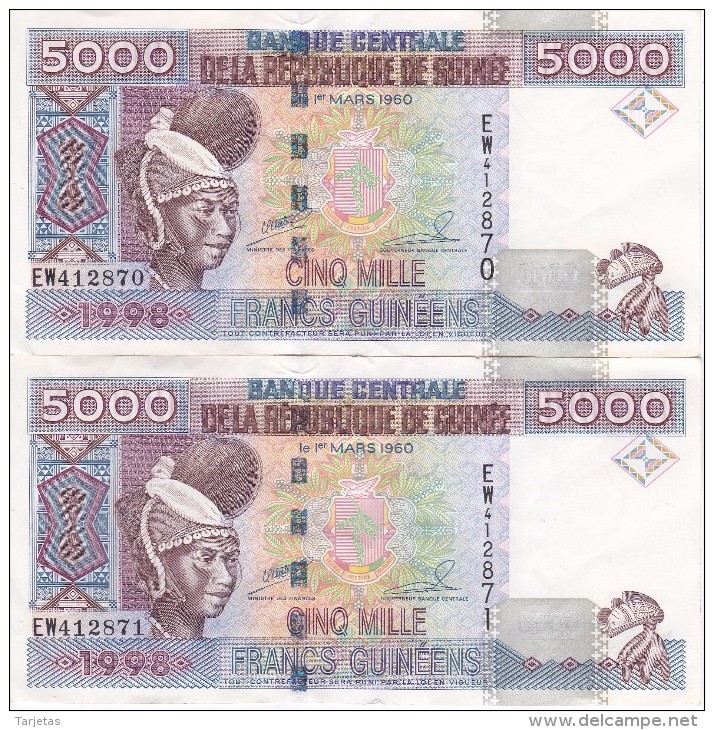 PAREJA CORRELATIVA DE LA REP. DE GUINEA DE 5000 FRANCOS DEL AÑO 1960 CALIDAD EBC (XF) (BANKNOTE) - Guinée