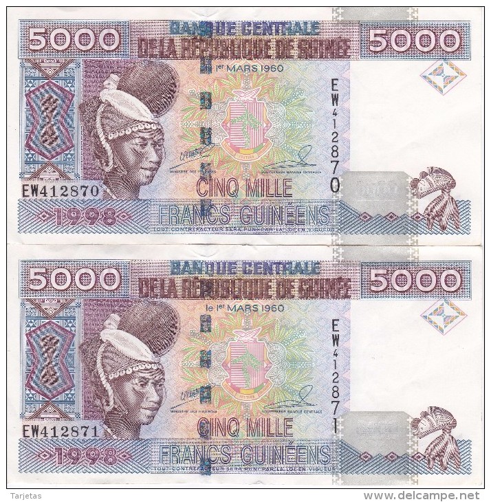 PAREJA CORRELATIVA DE LA REP. DE GUINEA DE 5000 FRANCOS DEL AÑO 1960 CALIDAD EBC (XF) (BANKNOTE) - Guinea