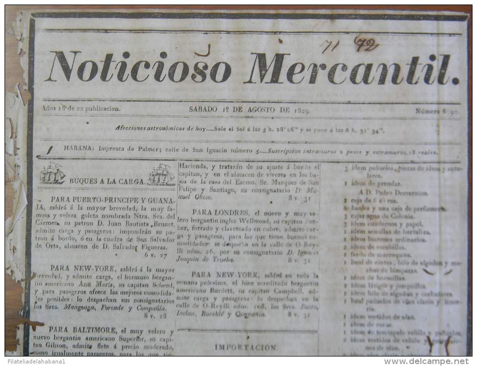 BP246 CUBA SPAIN NEWSPAPER ESPAÑA 1829 NOTICIOSO MERCANTIL 01/08/1829 34X23cm - [1] Until 1980
