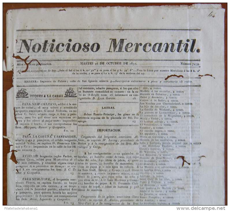 BP247 CUBA SPAIN NEWSPAPER ESPAÑA 1830 NOTICIOSO MERCANTIL 26/10/1830 37X24cm - [1] Bis 1980