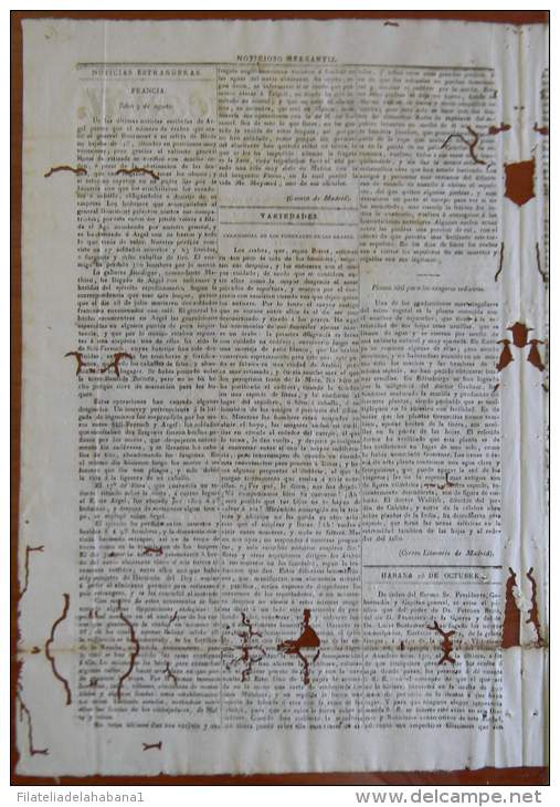 BP247 CUBA SPAIN NEWSPAPER ESPAÑA 1830 NOTICIOSO MERCANTIL 26/10/1830 37X24cm - [1] Bis 1980