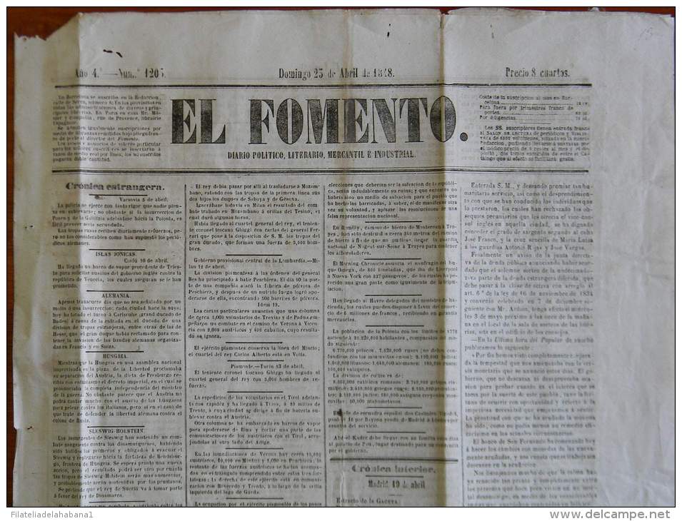 BP250 CUBA SPAIN NEWSPAPER ESPAÑA 1848 EL FOMENTO BARCELONA 25/04/1848 49X33cm - [1] Hasta 1980