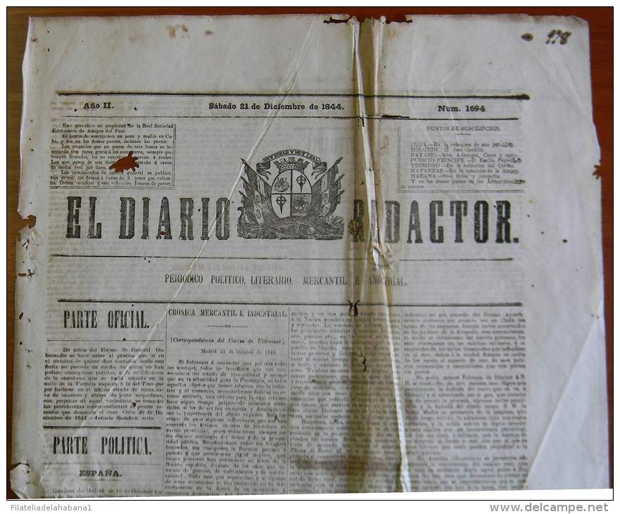 BP251 CUBA SPAIN NEWSPAPER ESPAÑA 1844 EL DIARIO REDACTOR 21/12/1844 55X38cm - [1] Hasta 1980