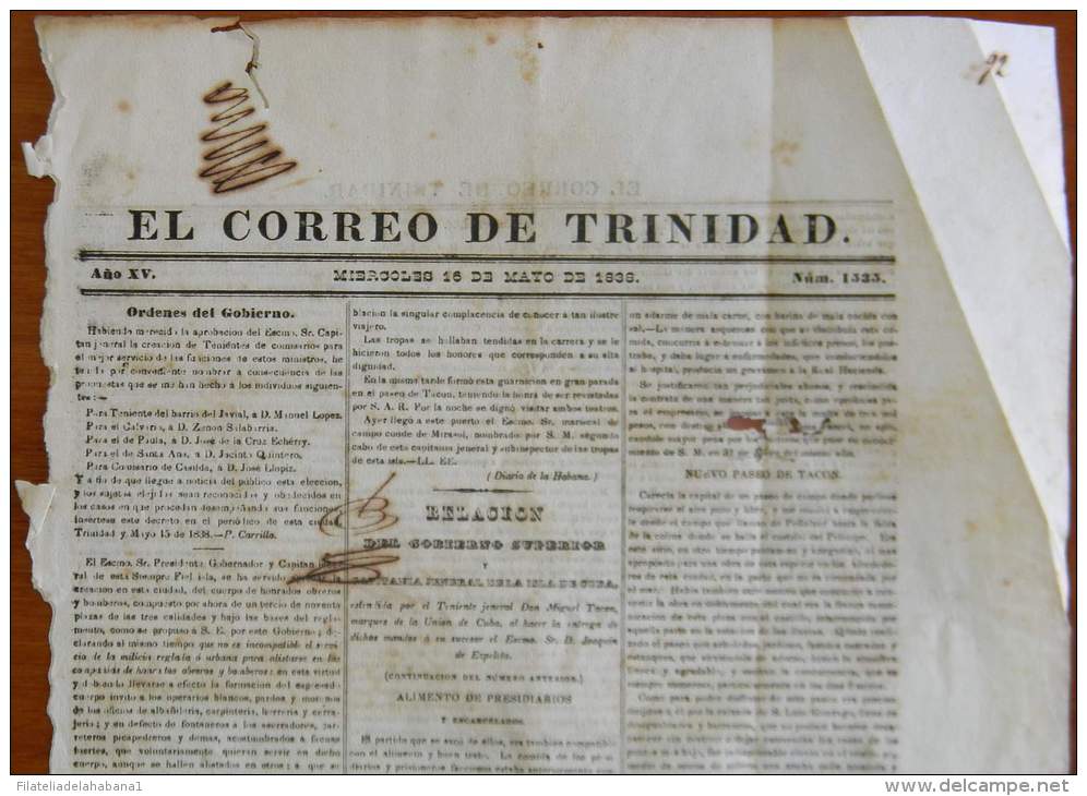 BP252 CUBA SPAIN NEWSPAPER ESPAÑA 1838 EL CORREO DE TRINIDAD 19/05/1838 39X43cm - [1] Jusqu' à 1980