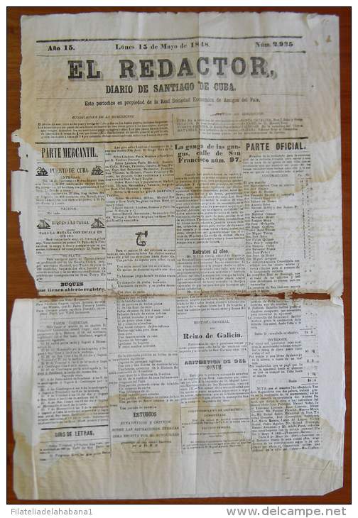 BP253 CUBA SPAIN NEWSPAPER ESPAÑA 1848 EL REDACTOR 15/05/1848 55X37cm SANTIAGO C - [1] Jusqu' à 1980