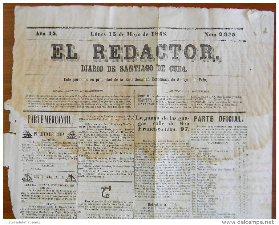 BP253 CUBA SPAIN NEWSPAPER ESPAÑA 1848 EL REDACTOR 15/05/1848 55X37cm SANTIAGO C - [1] Hasta 1980