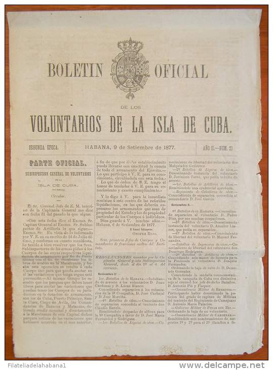 BP254 CUBA SPAIN NEWSPAPER ESPAÑA 1877 BOLETIN OFICIAL 09/09/1877 32X23cm - [1] Tot 1980