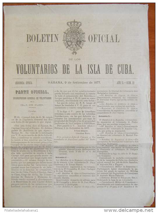 BP255 CUBA SPAIN NEWSPAPER ESPAÑA 1877 BOLETIN OFICIAL 09/09/1877 32X23cm - [1] Bis 1980