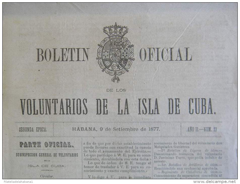 BP255 CUBA SPAIN NEWSPAPER ESPAÑA 1877 BOLETIN OFICIAL 09/09/1877 32X23cm - [1] Until 1980