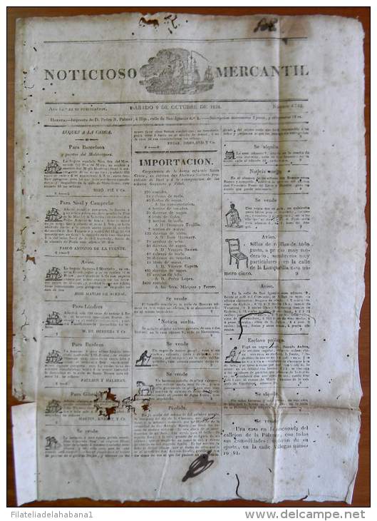 BP256 CUBA SPAIN NEWSPAPER ESPAÑA 1824 NOTICIOSO MERCANTIL 09/10/1824 39X28cm. - [1] Bis 1980