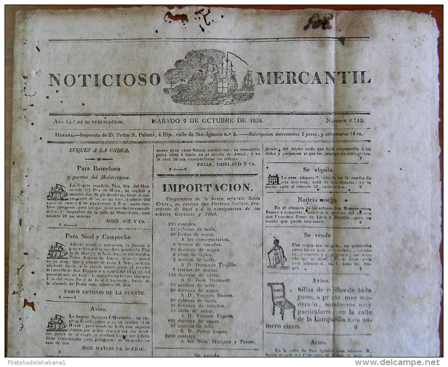 BP256 CUBA SPAIN NEWSPAPER ESPAÑA 1824 NOTICIOSO MERCANTIL 09/10/1824 39X28cm. - [1] Jusqu' à 1980