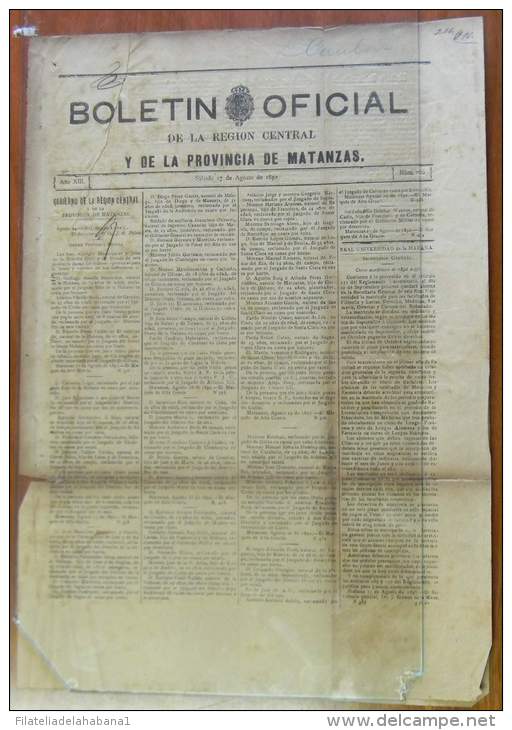 BP258 CUBA SPAIN NEWSPAPER ESPAÑA 1892 BOLETIN OFICIAL MATANZA 27/8/1892 46X32cm - [1] Hasta 1980