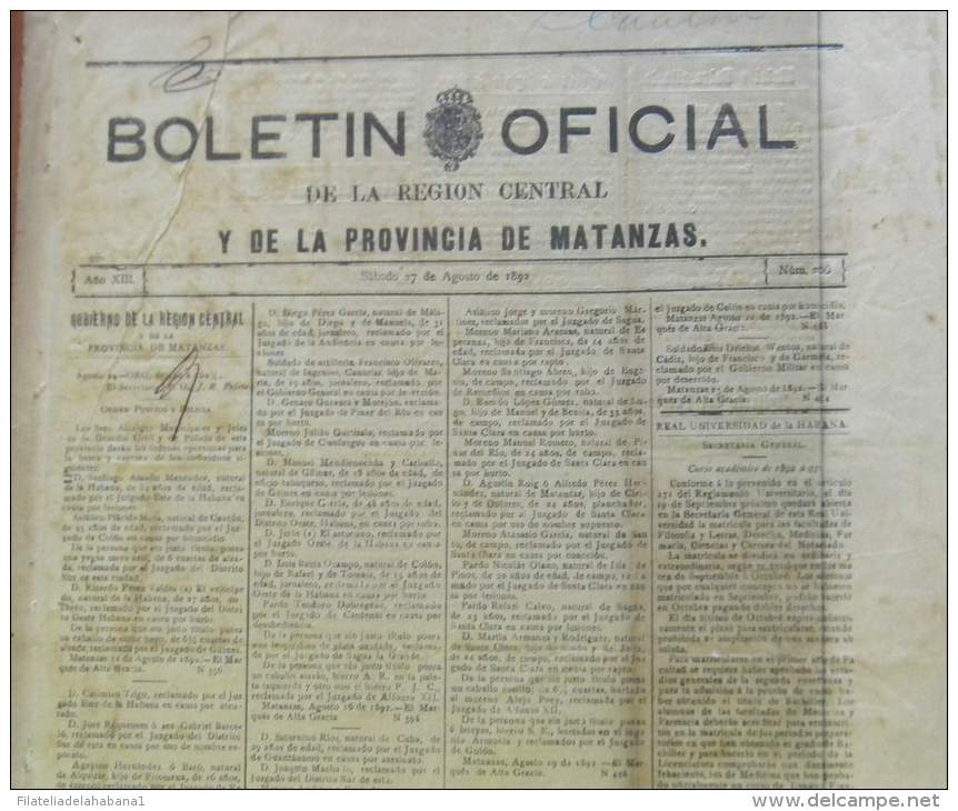 BP258 CUBA SPAIN NEWSPAPER ESPAÑA 1892 BOLETIN OFICIAL MATANZA 27/8/1892 46X32cm - [1] Jusqu' à 1980