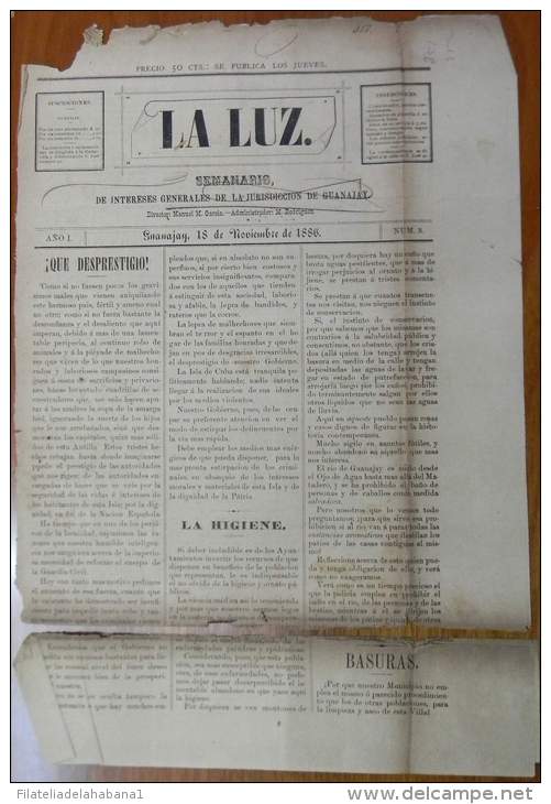 BP261 CUBA SPAIN NEWSPAPER ESPAÑA 1886 LA LUZ GUANAJAY 18/11/1886 35X27cm - [1] Hasta 1980