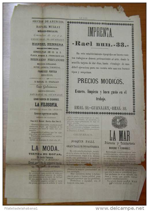 BP261 CUBA SPAIN NEWSPAPER ESPAÑA 1886 LA LUZ GUANAJAY 18/11/1886 35X27cm - [1] Fino Al 1980