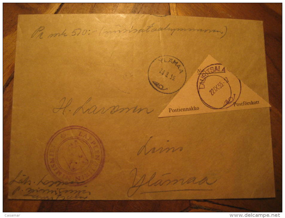 Lauritsala 1955 To Ylamaa Postiennakko Postforskott Label Parcel-post Postage Free Paid Cover Finland - Pacchi Postali